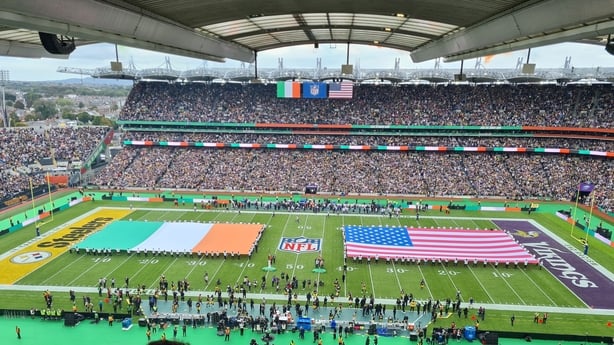 The national anthems are performed before the NFL game at Croke Park