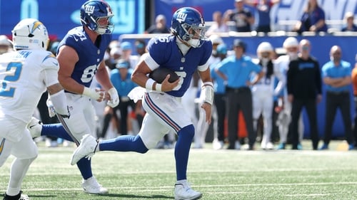 New York Giants quarterback Jaxson Dart rushes in his side's win over the Los Angeles Chargers