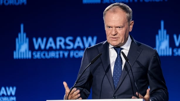 Prime Minister of Poland Donald Tusk addresses the Warsaw Security Forum 2025 in Warsaw, Poland