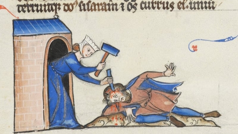 Jael killing Sisera with a tent peg (Judges 4:21). Detail from Lausanne, Bibliothèque cantonale et universitaire – Lausanne, MS U 964 (Biblia Porta), fol. 76v, end of 13th century, France. (Public domain, www.e-codices.ch).