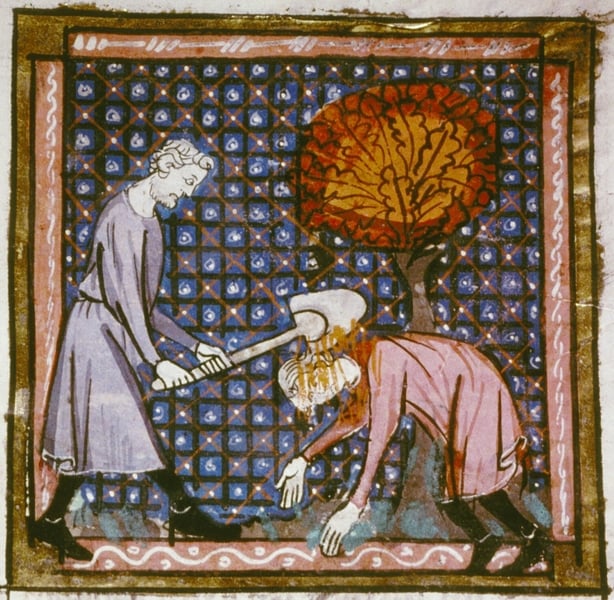 1 Bodleian Library MS Douce 211 f 8r Cain killing Abel in field with iron shod spade detail