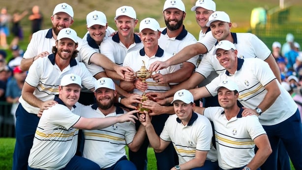 28 September 2025; The Europe team and captain Luke Donald celebrate with the Ryder Cup on day three of the 2025 Ryder Cup at Black Course at Bethpage State Park Golf Course in Farmingdale, New York, USA. Photo by Vaughn Ridley/Sportsfile