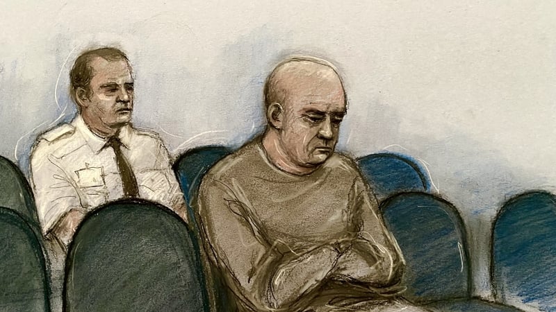 Court artist drawing by Elizabeth Cook of Peter Windsor appearing at Birmingham Crown Court, where he is accused of stalking TV and radio presenter Myleene Klass and Classic FM radio presenter Katie Breathwick. Photo credit: Elizabeth Cook/PA Wire