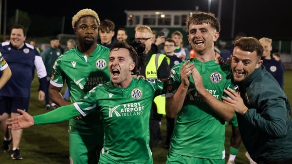 12 September 2025; Kerry FC players, from left, Okwuy Okwute, Sean McGrath, and Cian Brosnan celebrate after the Sports Direct Men’s FAI Cup quarter-final match between Kerry FC and Sligo Rovers at Mounthawk Park in Tralee, Kerry. Photo by Michael P Ryan/