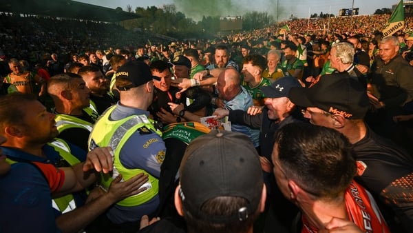 10 May 2025; Players from both teams tussle after the Ulster GAA Football Senior Championship final match between Armagh and Donegal at St Tiernach's Park in Clones, Monaghan. Photo by Ramsey Cardy/Sportsfile