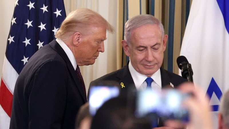 US President Donald Trump and Israeli Prime Minister Benjamin Netanyahu arrive for a joint news conference in the White House