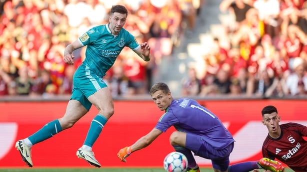 Neil Farrugia of Shamrock Rovers has a shot on goal during the UEFA Champions League Second Qualifying Round second leg match between Sparta Prague and Shamrock Rovers at Letná Stadium in Prague, Czechia.