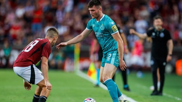 Josh Honohan of Shamrock Rovers in action against Tomáš Wiesner of Sparta Prague during the UEFA Champions League Second Qualifying Round second leg match between Sparta Prague and Shamrock Rovers at Letná Stadium in Prague, Czechia.