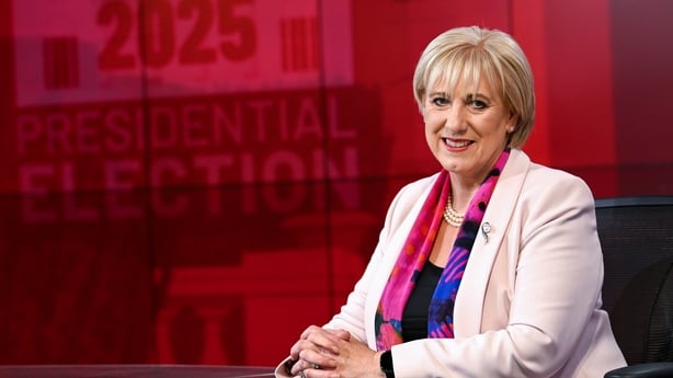Heather Humphreys looks to camera at the tv studio