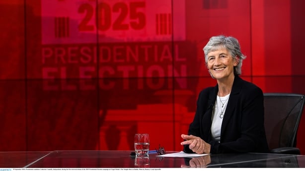 Catherine Connolly looks to camera at the first presidential debate