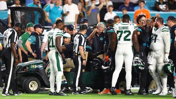 MIAMI GARDENS, FLORIDA - SEPTEMBER 29: Tyreek Hill #10 of the Miami Dolphins is injured during the third quarter against the New York Jets at Hard Rock Stadium on September 29, 2025 in Miami Gardens, Florida. (Photo by Megan Briggs/Getty Images)