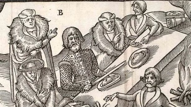 An Irish feast, detail from John Derricke's The Image of Irelande (1581) (https://commons.wikimedia.org/wiki/File:The_Image_of_Irelande_-_plate03.jpg)