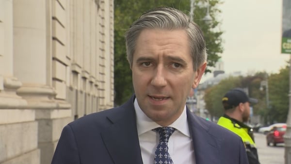 Simon Harris speaking before entering government buildings