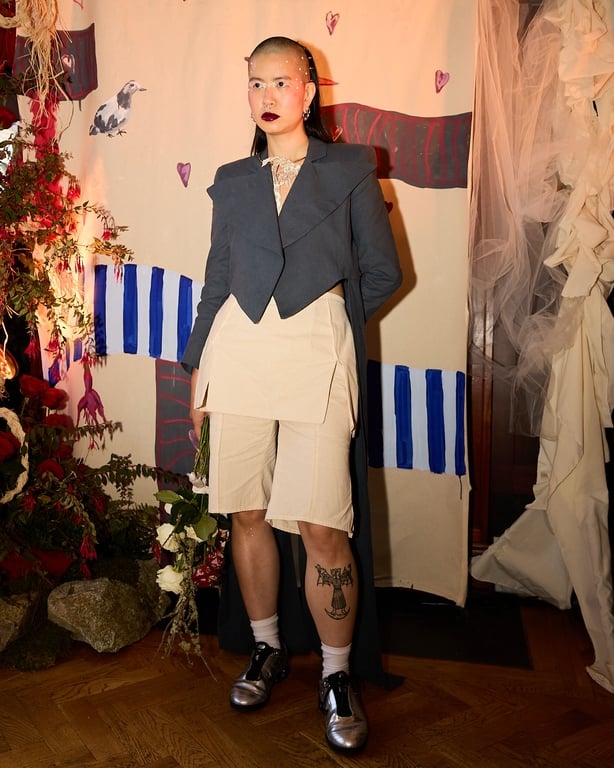 A model wearing unisex bridalwear