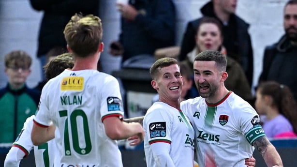 Seani Maguire of Cork City (r) celebrates with teammate Evan McLaughlin after scoring against Finn Harps in 2025 FAI Cup quarter-final