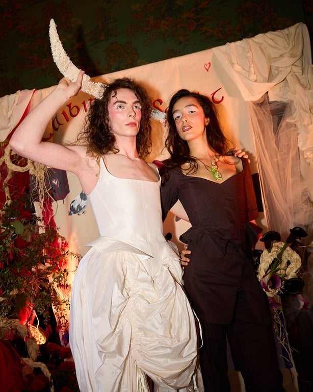 A model wearing unisex bridalwear
