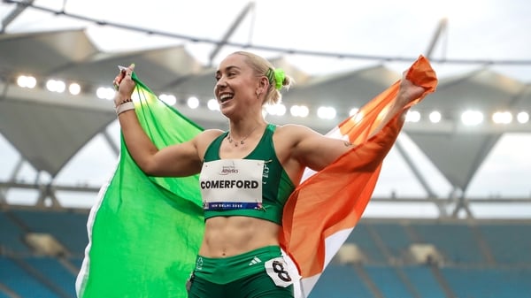 30 September 2025; Orla Comerford of Ireland celebrates her second gold medal after winning the Women's 200m T-13 Final during day five of the New Delhi 2025 World Para Athletics Championships at JLN Stadium in New Delhi, India. Photo by Nikola Krstic/Spo