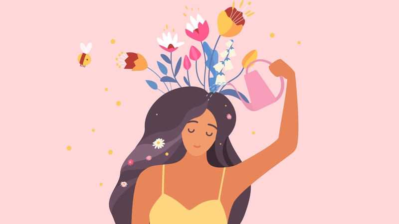 Cartoon young happy woman holding watering can to water flowers growing from head, optimistic girl cares about wellbeing and personal growth