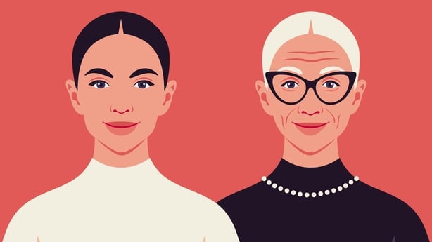 The faces of a young and elderly women. 