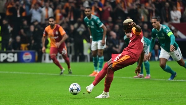 Victor Osimhen (45) of Galatasaray takes a penalty kick during the UEFA Champions League week 2 match between Galatasaray and Liverpool at RAMS Park in Istanbul