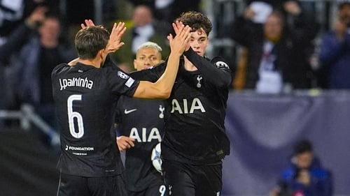 Archie Gray (R) celebrates after helping Spurs to fight back from two goals down