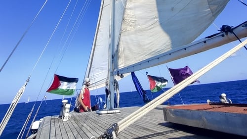 A view from on board one of the vessels of the Global Sumud Flotilla