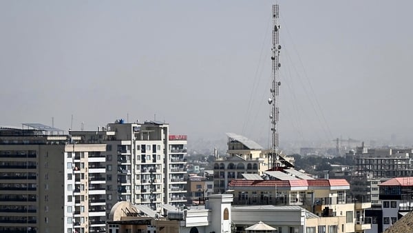 A general view shows a telecommunications antenna in kabul