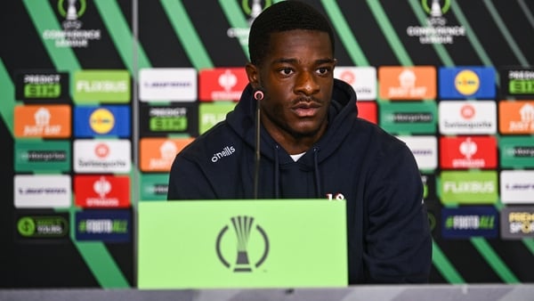 Mipo Odubeko speaks to the press during a Shelbourne media conference at Tallaght Stadium in Dublin.