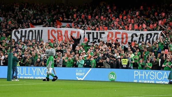 6 September 2025; Republic of Ireland supporters hold up a banner before the FIFA World Cup 2026 Group F qualifying match between Republic of Ireland and Hungary at the Aviva Stadium in Dublin. Photo by Stephen McCarthy/Sportsfile