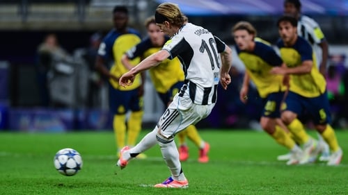 Anthony Gordon scores Newcastle United's second goal against Union Saint-Gilloise