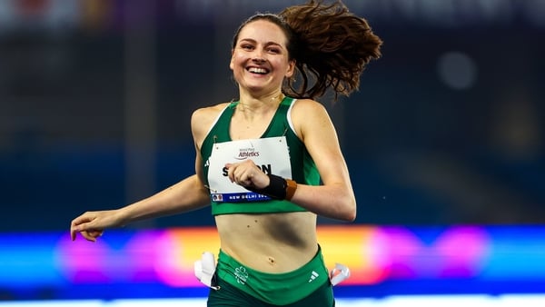 1 October 2025; Lana Sutton of Ireland celebrates after finishing second in the Women’s 200m T38 Round 1 heat during day six of the New Delhi 2025 World Para Athletics Championships at JLN Stadium in New Delhi, India. Photo by Nikola Krstic/Sportsfile
