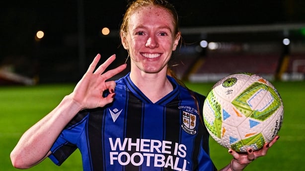 1 October 2025; Kelly Brady of Athlone Town celebrates with the matchball after scoring a hat-trick in the SSE Airtricity Women's Premier Division match between Cork City and Athlone Town at Turner's Cross in Cork. Photo by Piaras Ó Mídheach/Sportsfile