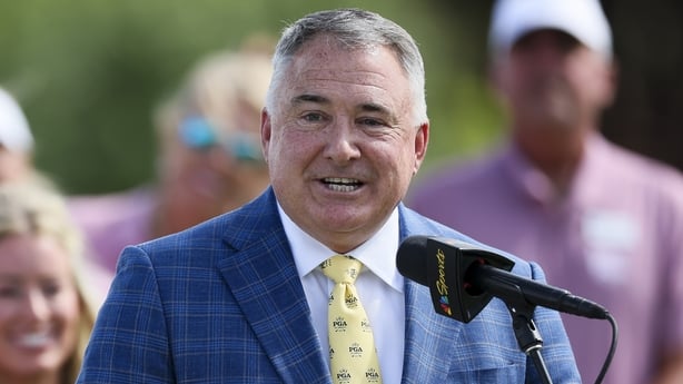 FRISCO, TEXAS - JUNE 22: Don Rea Jr., PGA of America President, addresses the crowd during the trophy ceremony after the final round of the KPMG Women's PGA Championship 2025 at Fields Ranch East at PGA Frisco on June 22, 2025 in Frisco, Texas. (Photo by Sam Hodde/Getty Images)