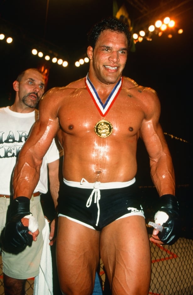 Mark Kerr reacts after winning the heavyweight tournament during the UFC 14 event inside Boutwell Auditorium on 27 July, 1997 in Birmingham, Alabama