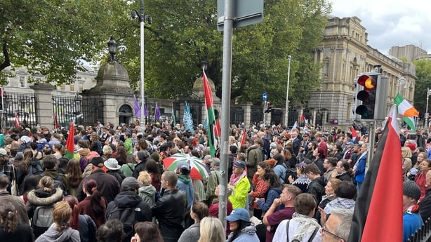 Crowds gather outside Leinster House with Palestine flags