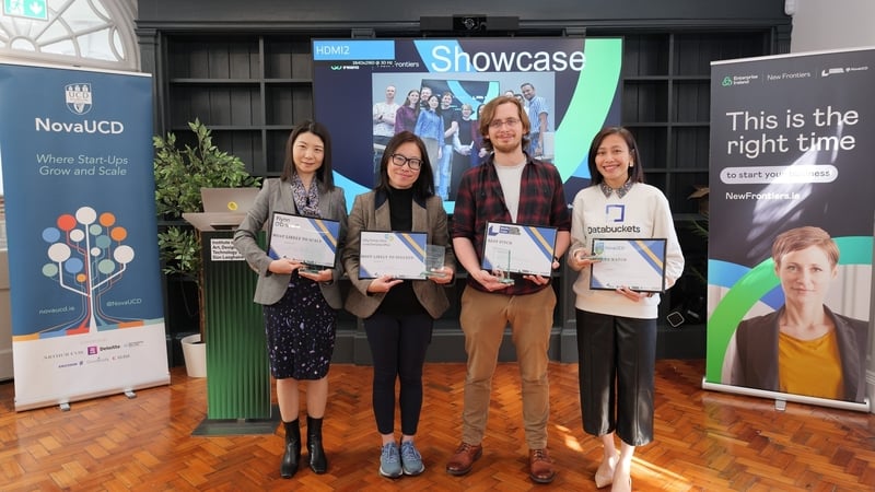 The Award winners of the 2025 New Frontiers Programme - Ming Zhao (Datamnis) Jo Cheng (Earth Visio) Daniel Bergin Holly (Biscuit Factory Games) and Phuong Vu (Data Buckets)