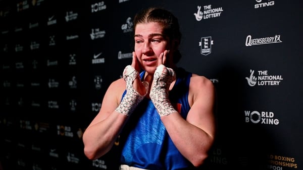 14 September 2025; Aoife O'Rourke of Ireland reacts after winning their Women's 75kg final bout against Busra Isildar of Türkiye during the World Boxing Championships 2025 at M&S Bank Arena in Liverpool, England. Photo by Ben McShane/Sportsfile