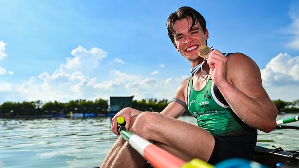 26 September 2025; Fintan McCarthy of Ireland, celebrates winning bronze in the Men's Double Sculls Final, during the 2025 World Rowing Championships at the Shanghai Water Sports Centre in Shanghai, China. Photo by Benedict Tufnell/Sportsfile 
