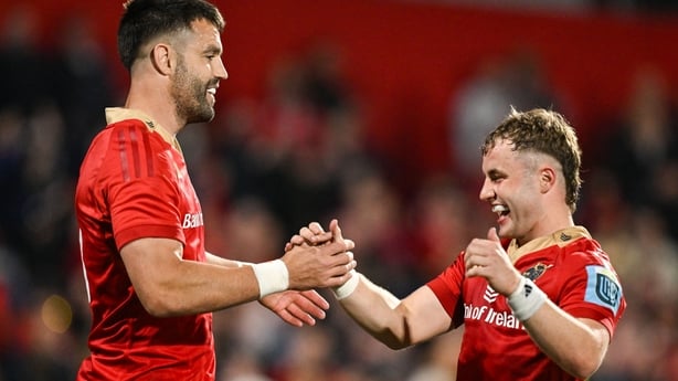 16 May 2025; Conor Murray, left, and Craig Casey of Munster celebrate at the final whistle of the United Rugby Championship match between Munster and Benetton at Virgin Media Park in Cork. Photo by Brendan Moran/Sportsfile