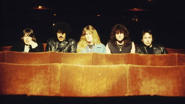 (L-R) Scott Gorham, Phil Lynott, John Sykes, Darren Wharton, and Brian Downey pictured in Birmingham in 1983