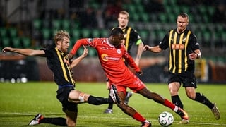 2 October 2025; Mipo Odubeko of Shelbourne is tackled by Filip Helander of Hacken during the UEFA Conference League 2025/26 league phase match between Shelbourne and Hacken at Tallaght Stadium in Dublin. Photo by Seb Daly/Sportsfile