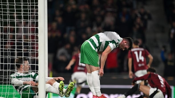 PRAGUE, CZECH REPUBLIC - OCTOBER 02: Josh Honohan of Shamrock Rovers looks dejected after Lukas Sadílek of Sparta Praha (not pictured) scores his team's first goal during the UEFA Conference League 2025/26 League Phase MD1 match between AC Sparta Praha and Shamrock Rovers FC at Letna Stadium on Octo