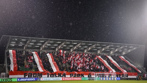 Shelbourne supporters before the UEFA Conference League 2025/26 league phase match between Shelbourne and Hacken at Tallaght Stadium in Dublin.