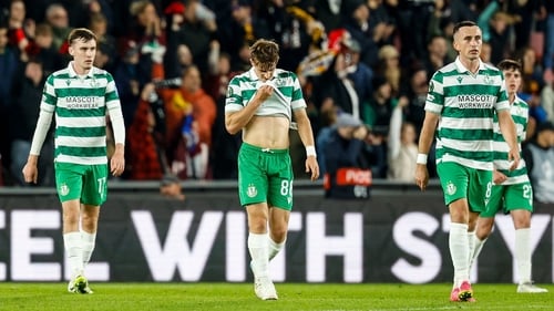 Shamrock Rovers players, from left, Matt Healy, John McGovern and Aaron McEneff react after conceding the first goal in Prague