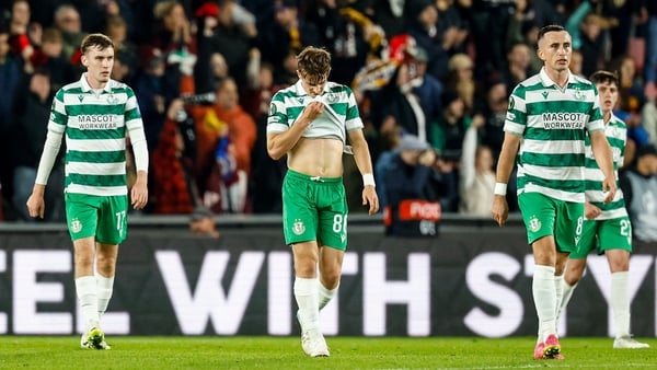 Shamrock Rovers players, from left, Matt Healy, John McGovern and Aaron McEneff react after conceding the first goal in Prague