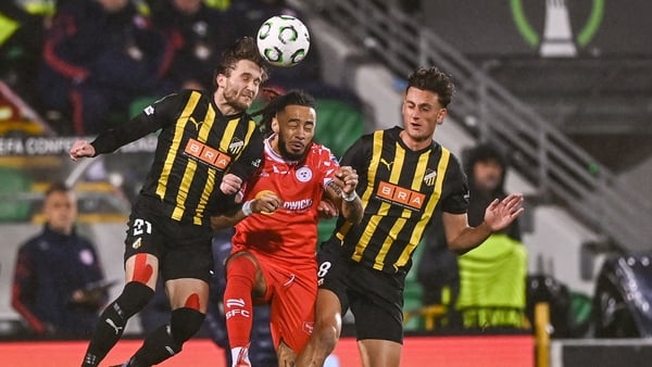 Milan Mbeng of Shelbourne in action against Adam Lundqvist, left, and Silas Andersen of Hacken during the UEFA Conference League 2025/26 league phase match between Shelbourne and Hacken at Tallaght Stadium in Dublin.