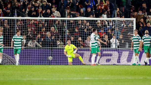 2 October 2025; Shamrock Rovers players, including goalkeeper Ed McGinty react after their side conceded their first goal during UEFA Conference League 2025/26 league phase match between Sparta Praha and Shamrock Rovers at epet ARENA in Prague, Czechia. Photo by Pavel Lebeda/Sportsfile