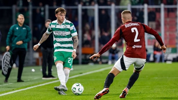 2 October 2025; Danny Grant of Shamrock Rovers in action against Martin Suchomel of Sparta Praha during UEFA Conference League 2025/26 league phase match between Sparta Praha and Shamrock Rovers at epet ARENA in Prague, Czechia. Photo by Pavel Lebeda/Sportsfile