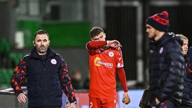 Sean Gannon of Shelbourne leaves the pitch after being substituted during the UEFA Conference League 2025/26 league phase match between Shelbourne and Hacken at Tallaght Stadium in Dublin.