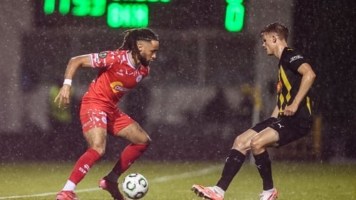 Shelbourne right wing back Milan Mbeng in action against Adrian Svanback